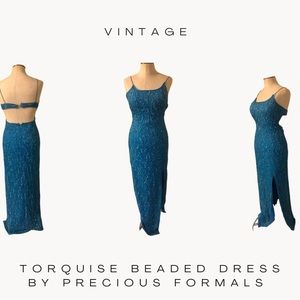 Vintage turquoise beaded formal dress by precious formals.